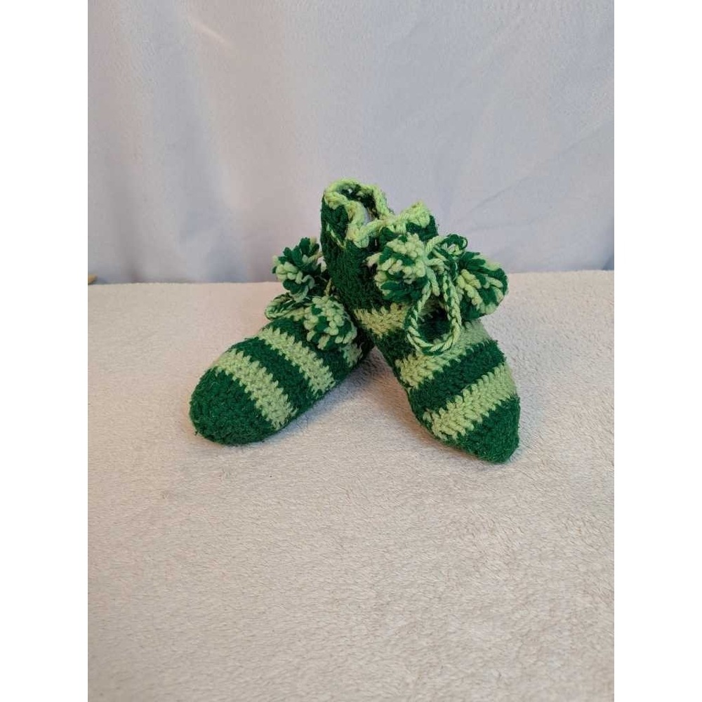 Handmade Adult Crochet Booties Shoe Sock Covers Green Stripe Pom Pom‎